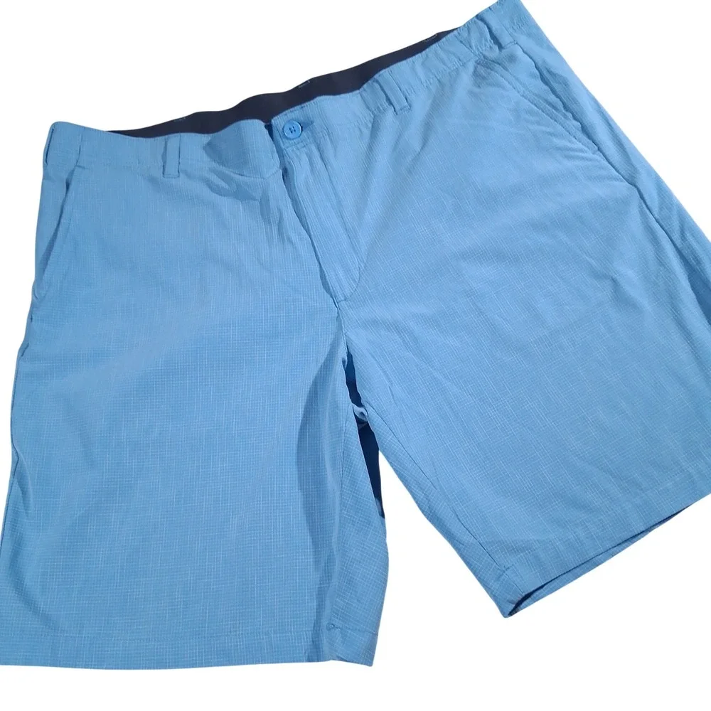 BCG Men's Golf Shorts Blue Grid Stretch Active Performance Flat Front Size 42W